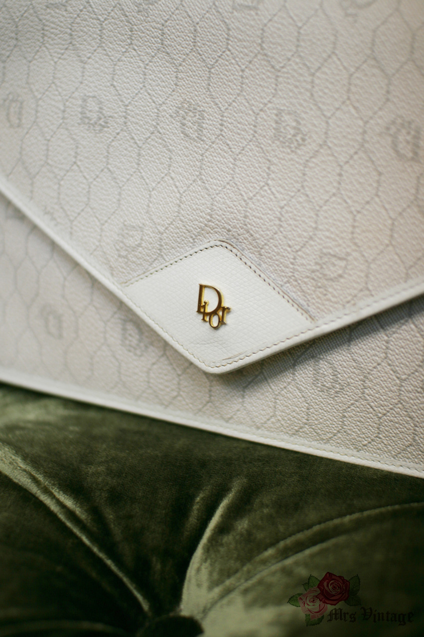 1980s Christian Dior White Leather Monogram Envelope Clutch CD Logo Bag