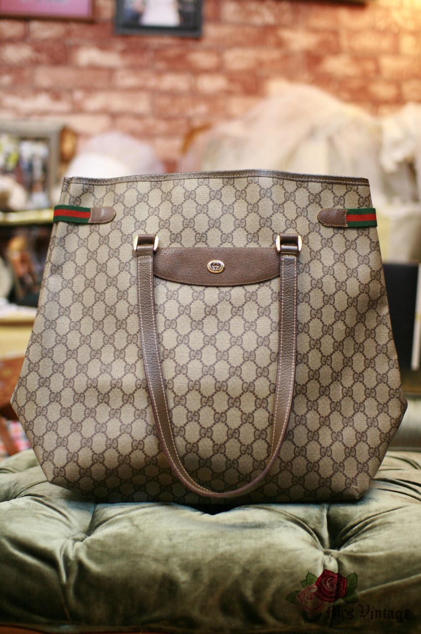 Gucci Gucci Vintage Handbag in Grey Monogram Canvas and Brown Leather