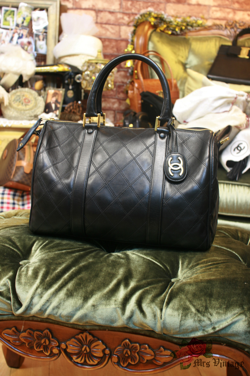 Chanel Vintage Chanel Boston Speedy Quilted Black Calfskin Leather