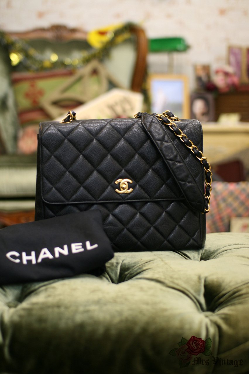 Vintage Chanel Large Black Quilted Caviar Leather Shoulder Flap