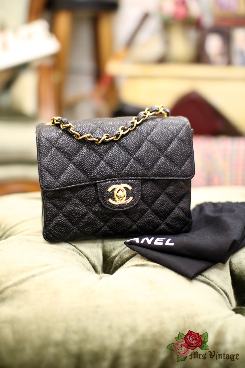 Vintage Chanel Black Quilted Caviar Mini Square Flap Bag - Mrs