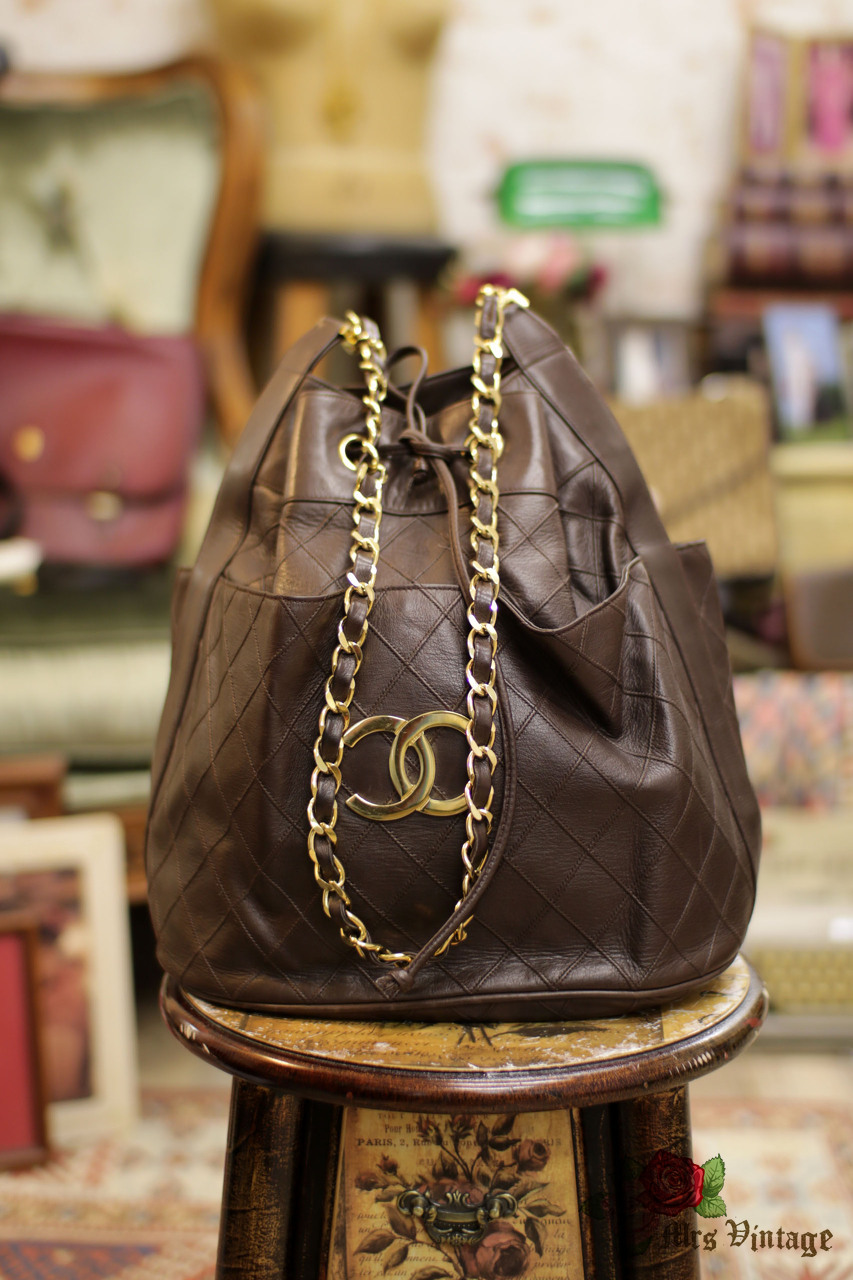 Vintage Chanel Rare Deep Brown Lambskin Large Bucket Bag - Mrs Vintage -  Selling Vintage Wedding Lace Dress / Gowns & Accessories from 1920s – 1990s.  And many One of a kind
