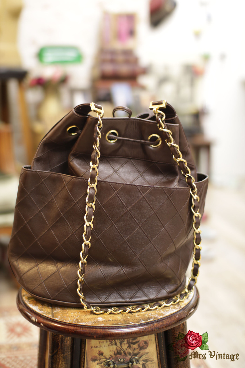 Vintage Chanel Rare Deep Brown Lambskin Large Bucket Bag - Mrs