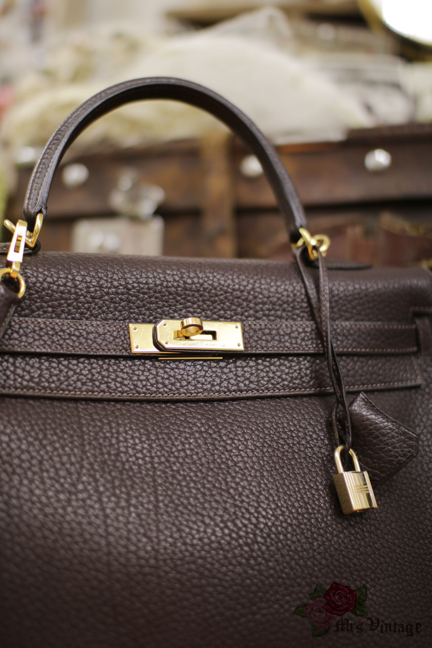 HERMES Kelly 35 Gold Gulliver Leather Retourne Woman's Handbag w/ Dustbag -  Boca Pawn