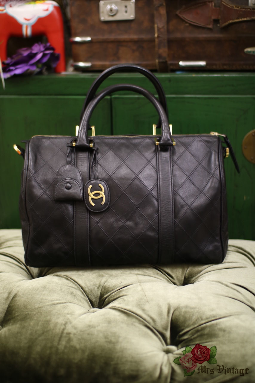 Vintage Chanel Lambskin Quilted Boston Bag with Strap 35cm Wide